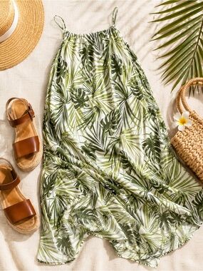 Wave Zone Tropical Palm Print Swim Cover Up Dress Green White Resort S/M